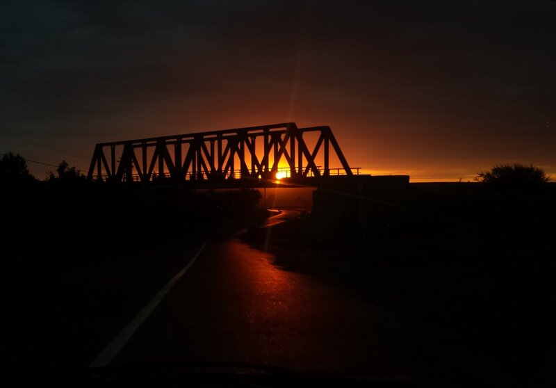 Silhouette of Bridge at Sunset — Orange, Dramatic, Photograph, Road