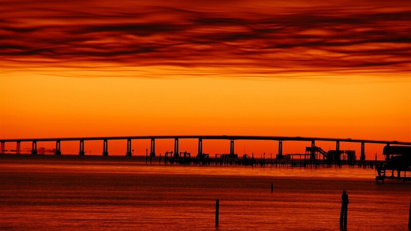 Silhouette of Bridge at Sunset — Orange, Dramatic, Photograph, Water, Sky