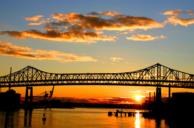 Silhouette of Bridge at Sunset — Orange, Dramatic