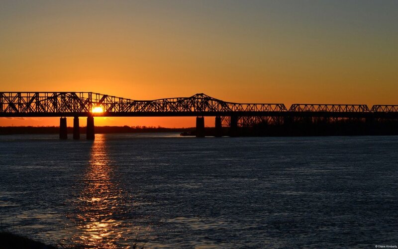 Silhouette of Bridge at Sunset — Orange, Serene, Photograph, River, Sun