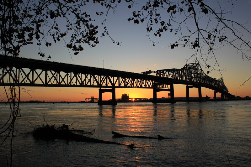 Silhouette of Bridge at Sunset — Orange, Serene, Photograph, River