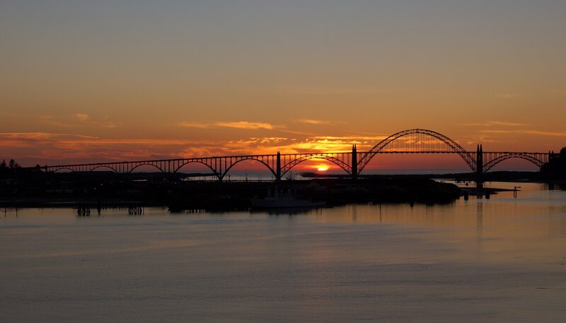 Silhouette of Bridge at Sunset — Orange, Serene, Photograph, Water