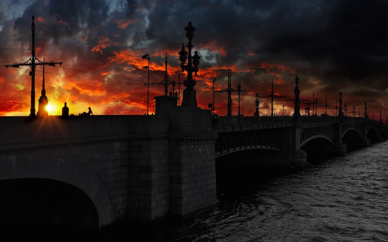 Silhouette of Bridge at Sunset — Red, Dramatic, Photograph