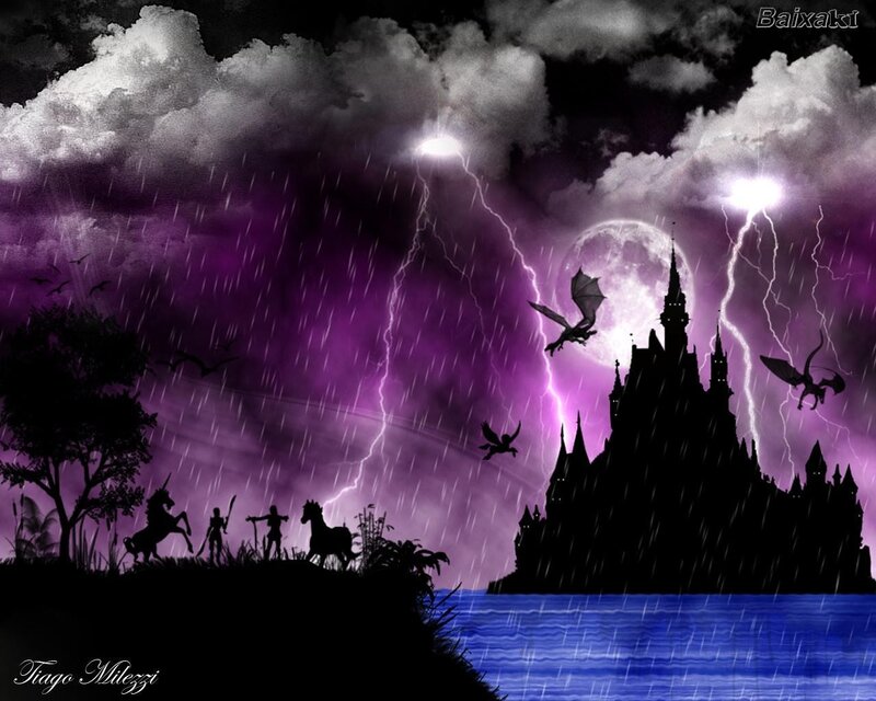 Silhouette of Castle and Figures