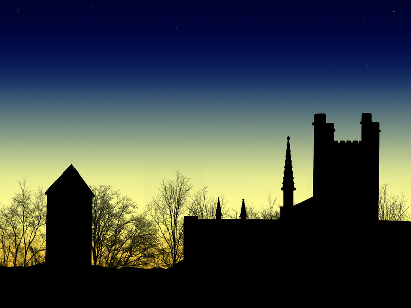 silhouette of castle at dusk