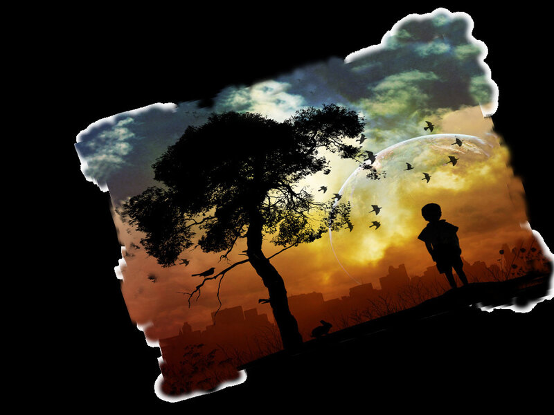 Silhouette of child and tree at sunset