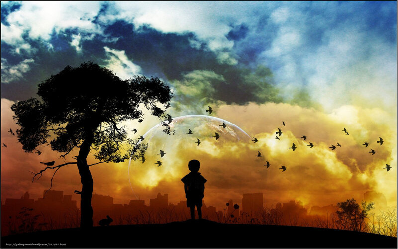 Silhouette of Child and Tree — Orange, Dramatic