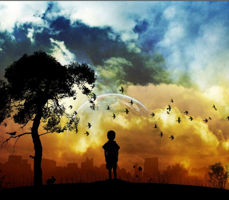 Silhouette of Child — Orange, Dramatic, Sunset, Digital Art