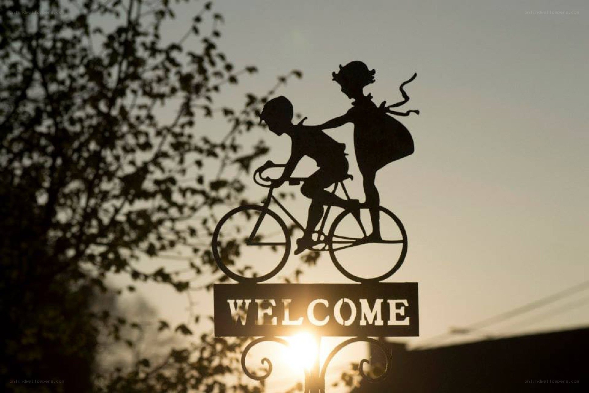 Silhouette of children on bicycle