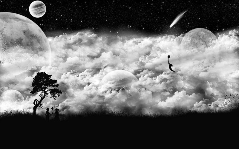 Silhouette of Children with Balloons — Black, Dreamy