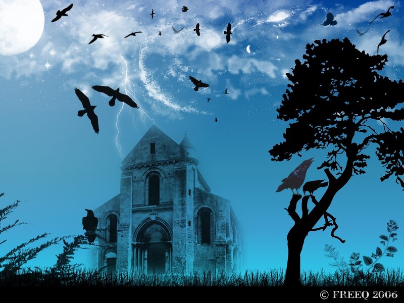 Silhouette of Church and Crows