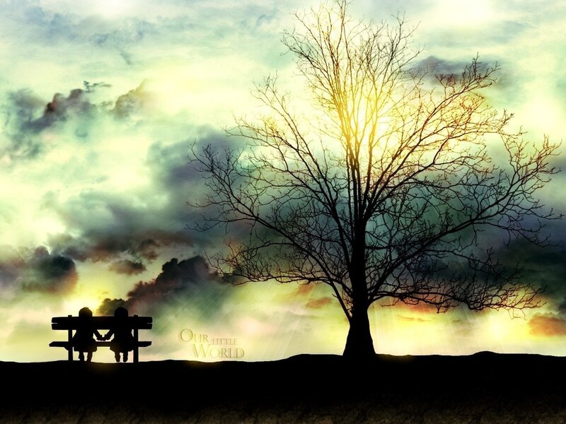 Silhouette of Couple on Bench — Yellow