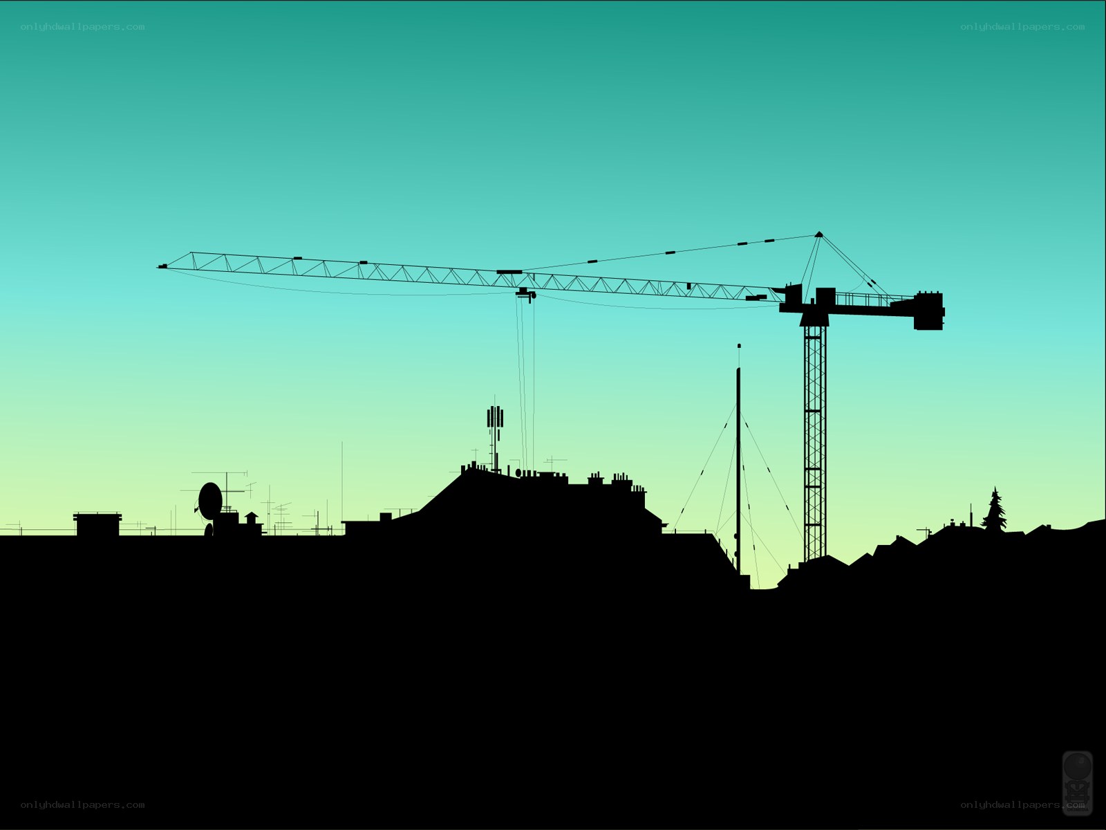 Silhouette of crane over rooftops