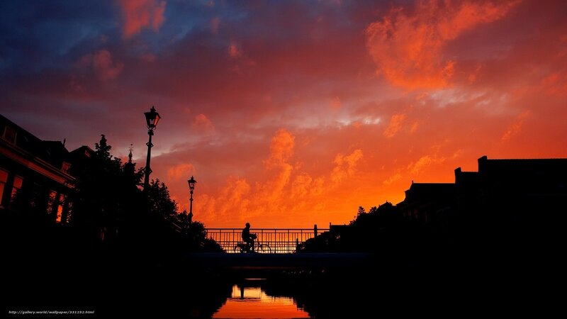 Silhouette of Cyclist on Bridge — Orange, Dramatic, Sunset, Photograph, Canal