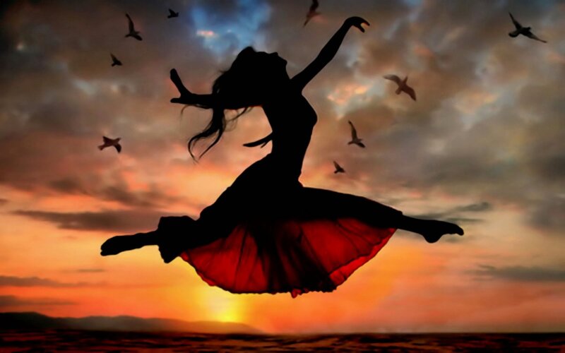 Silhouette of Dancer — Orange, Dramatic, Sunset, Digital Art, Birds