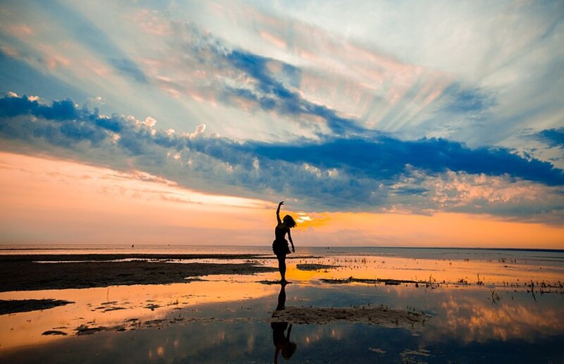 Silhouette of Dancer — Orange, Dramatic, Sunset, Photograph, Beach