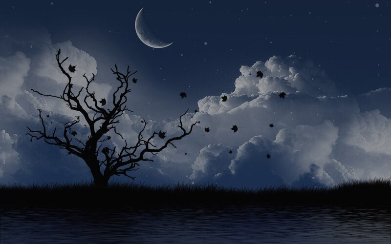 Silhouette of Dead Tree — Blue, Dramatic, Night, Digital Art