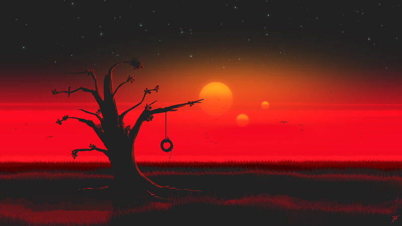 Silhouette of Dead Tree — Red, Dramatic, Sunset, Digital Art