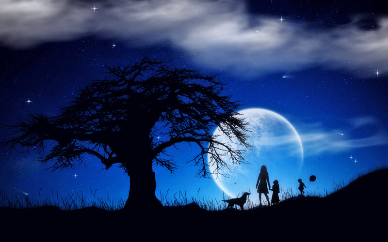 Silhouette of Family and Dog — Blue