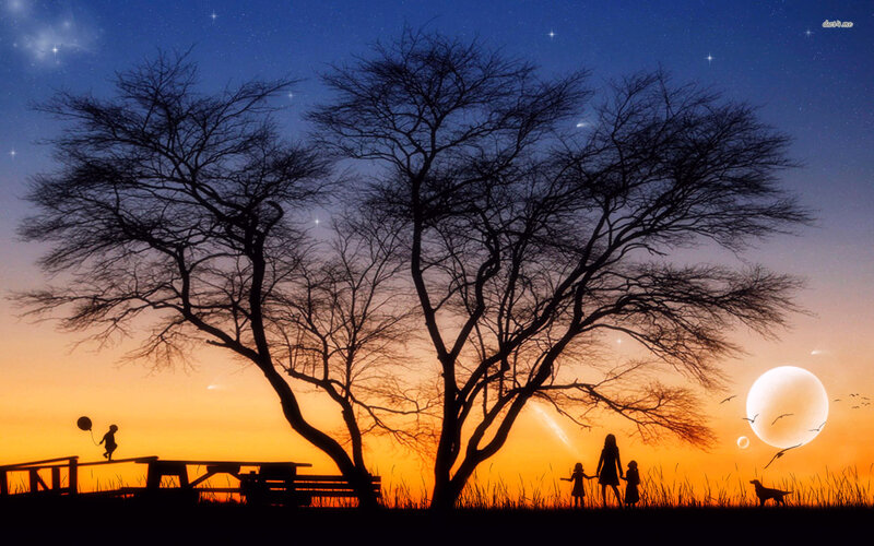 Silhouette of Family and Dog
