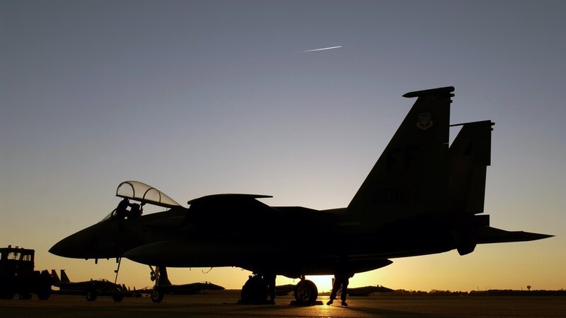 Silhouette of Fighter Jet — Black, Dramatic, Sunset, Photograph, Aircraft