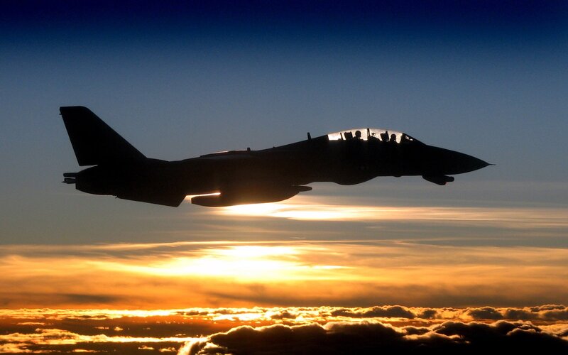 Silhouette of Fighter Jet — Blue, Dramatic, Sunset, Photograph, Aircraft, Clouds