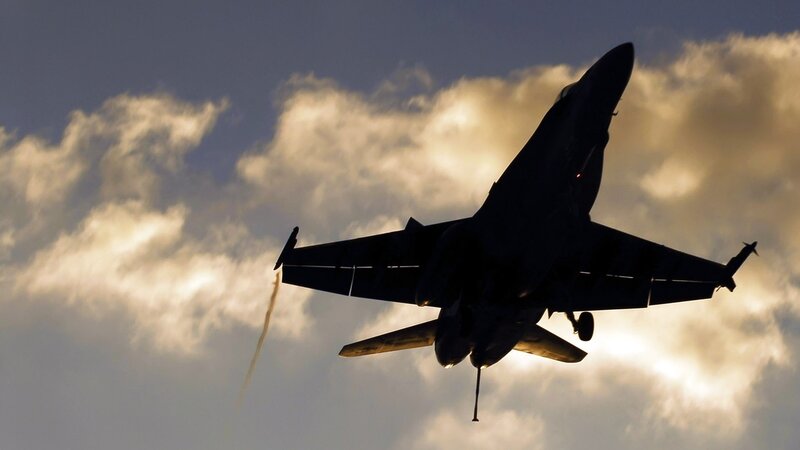 Silhouette of Fighter Jet — Blue, Dramatic, Sunset, Photograph, Clouds