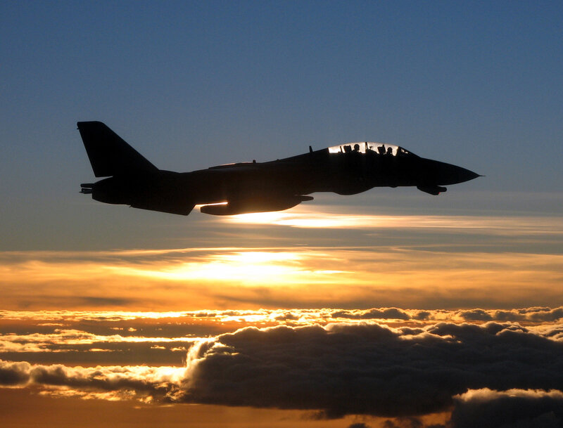 Silhouette of Fighter Jet — Blue, Dramatic, Sunset, Photograph, Sky, Clouds, Sun