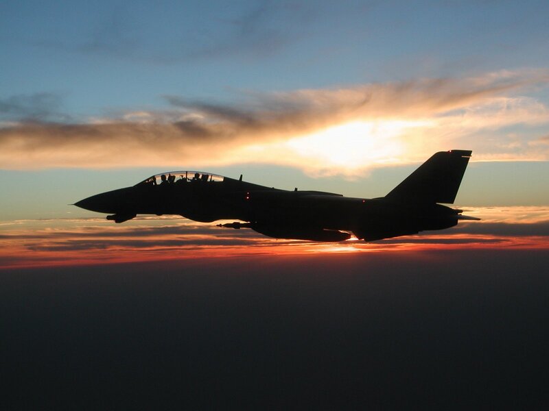Silhouette of Fighter Jet — Blue, Dramatic, Sunset, Photograph, Sky, Sun