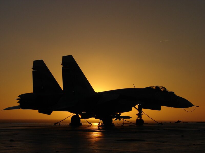 Silhouette of Fighter Jet — Orange, Dramatic, Sunset, Photograph, Aircraft Carrier