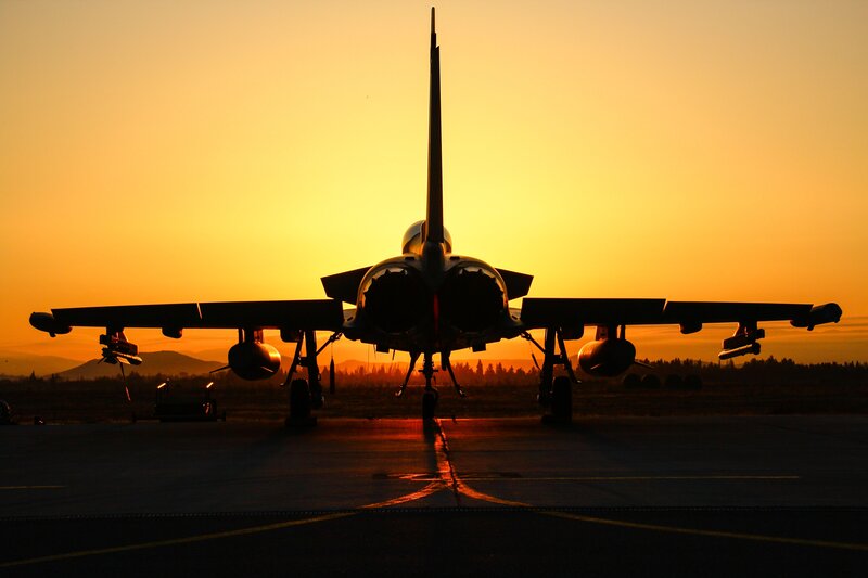 Silhouette of Fighter Jet — Orange, Dramatic, Sunset, Photograph, Airplane