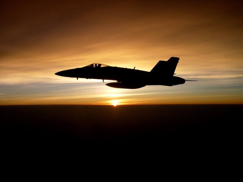 Silhouette of Fighter Jet — Orange, Dramatic, Sunset, Photograph, Sun, Sky, Clouds, Yellow
