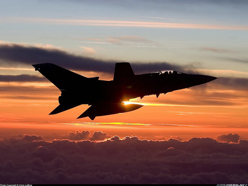 Silhouette of Fighter Jet — Orange, Dramatic, Sunset, Photograph, Sun