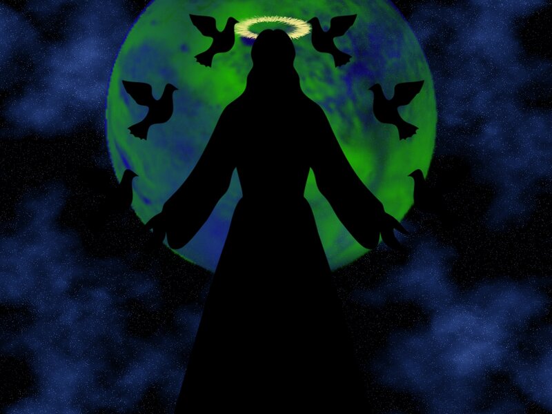Silhouette of Figure with Doves