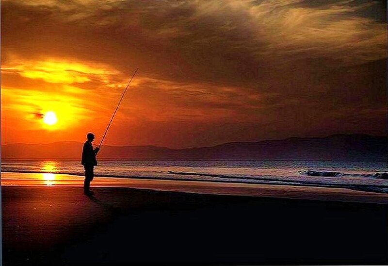 Silhouette of Fisherman — Orange, Serene, Sunset, Photograph, Sun, Ocean