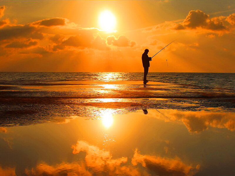 Silhouette of Fisherman — Orange, Serene, Sunset