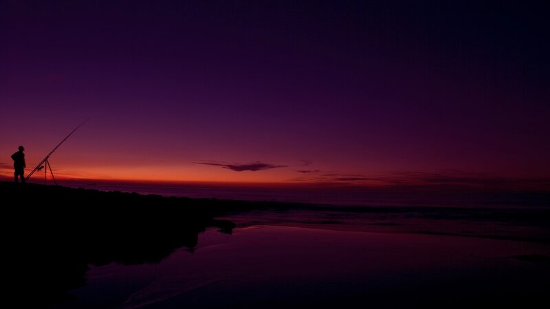 Silhouette of Fisherman — Purple, Serene, Sunset