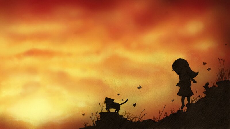 Silhouette of girl and cat at sunset