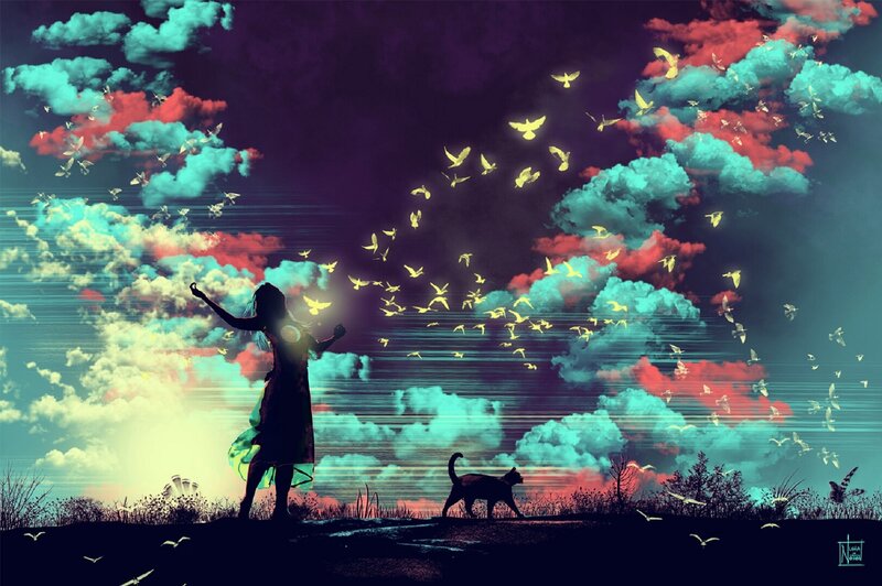 Silhouette of Girl and Cat — Purple