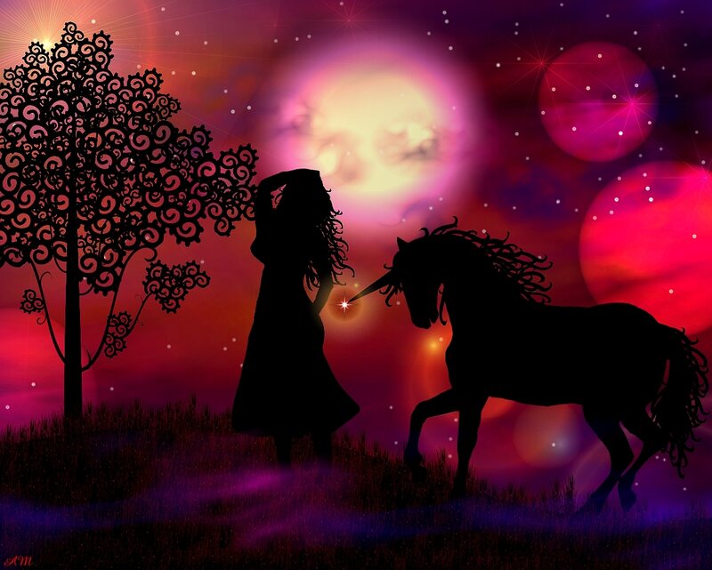 Silhouette of girl and unicorn