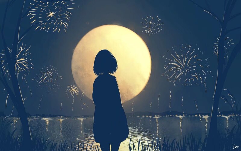 Silhouette of Girl — Blue, Serene, Night, Digital Art, Fireworks