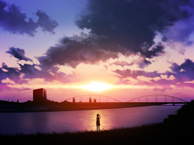 Silhouette of Girl by River — Purple