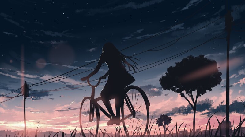 Silhouette of Girl on Bicycle — Purple