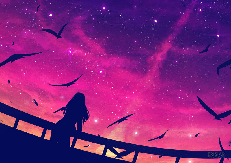 Silhouette of Girl on Bridge — Purple