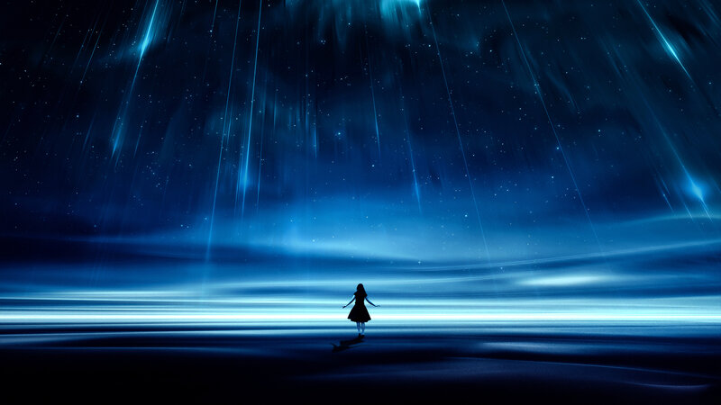 Silhouette of Girl Standing — Blue, Serene, Night, Digital Art