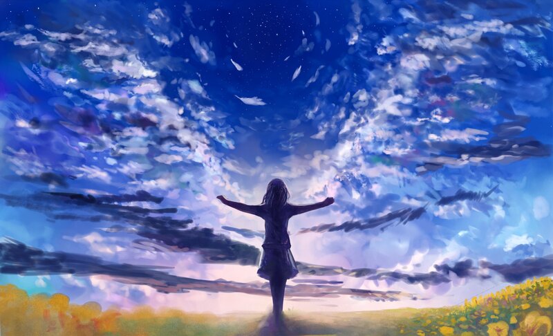 Silhouette of Girl Standing — Blue, Serene, Night