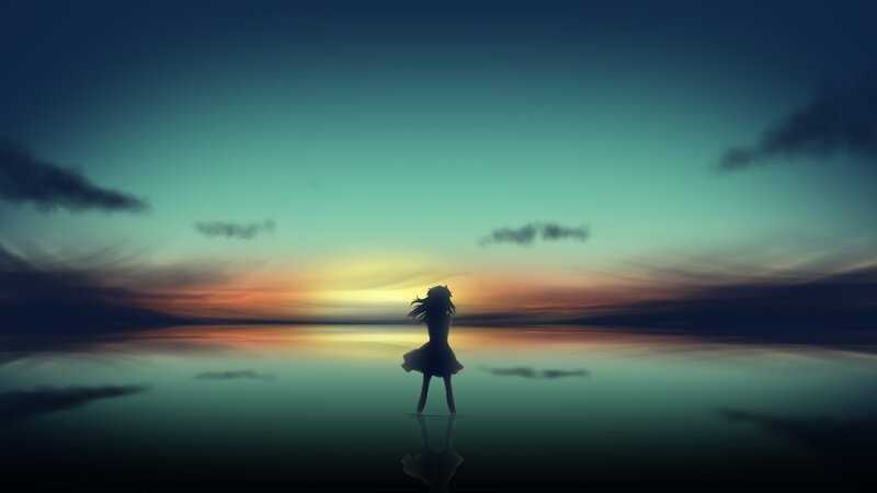 Silhouette of Girl Standing — Blue, Serene, Sunset, Digital Art