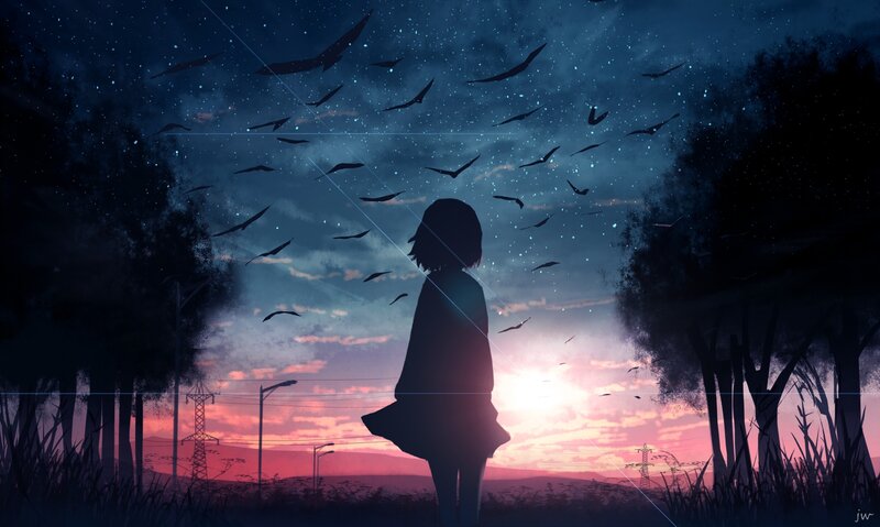 Silhouette of Girl Standing — Blue, Serene, Sunset