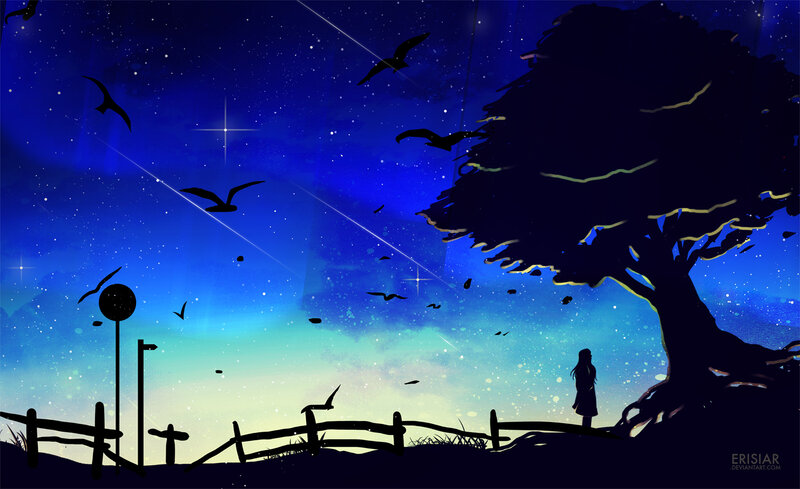 Silhouette of Girl under Tree — Blue