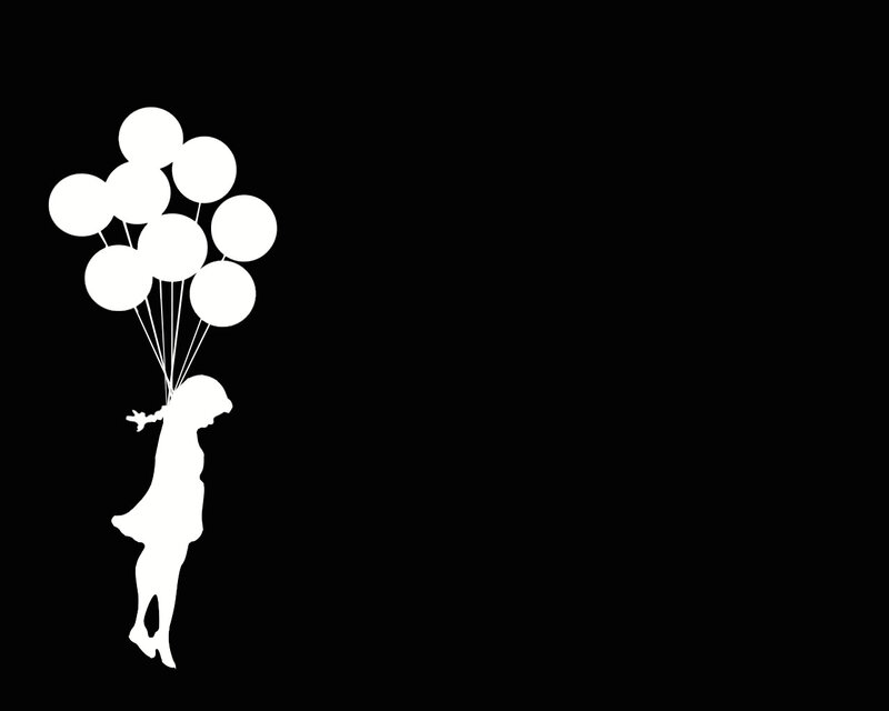 Silhouette of Girl with Balloons — Black, Dreamy, Illustration, White